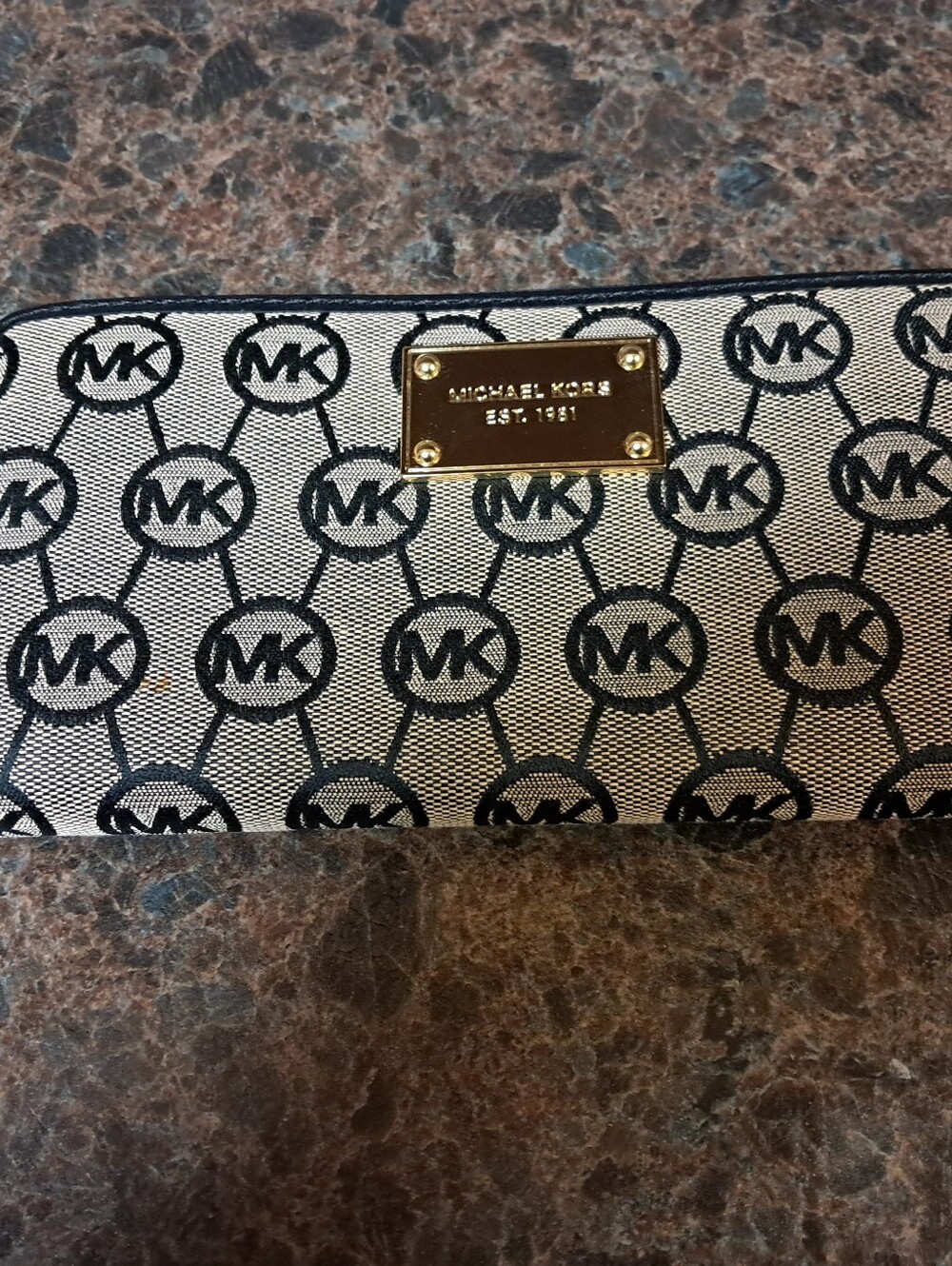 Michael Kors Black & Cream MK Logo Continental Wallet with Gold Plate - New